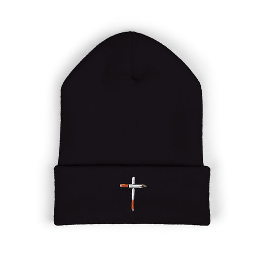 Classic Cuffed Beanie with Embroidered Cancer Cross Design